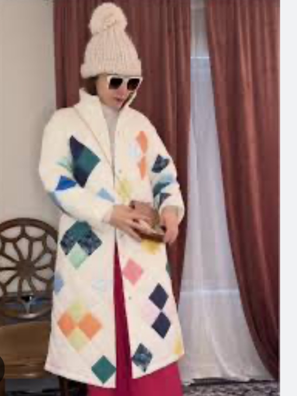 Yellow the Label Quilted Patchwork Belted Coat - White with Multicolor Diamonds - Picture 3 of 8